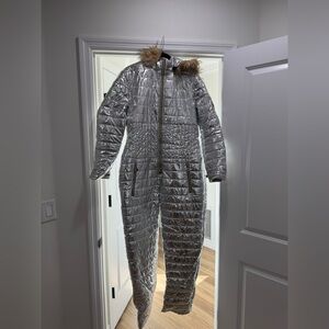 Women's Silver Quilted ski Jumpsuit with Faux Fur Hood